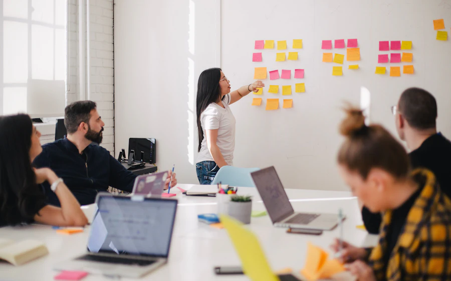 Team defining initiative priorities on a board